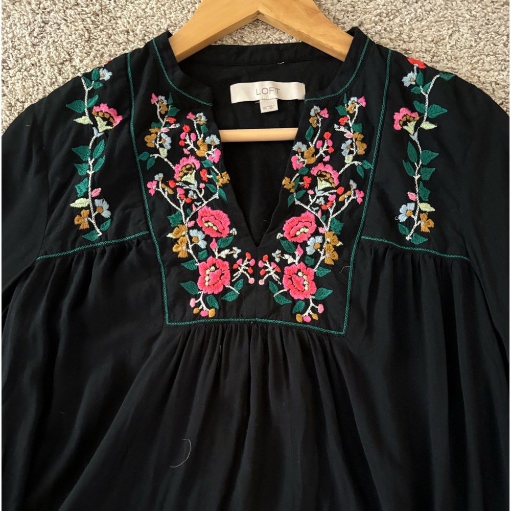 LOFT Folk floral embroidered bell sleeve top